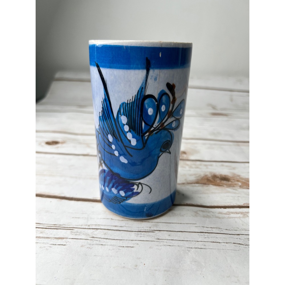 All Mexico Tonala Pottery Blue Bird Hand Painted Vase Tumbler Signed 4.5in